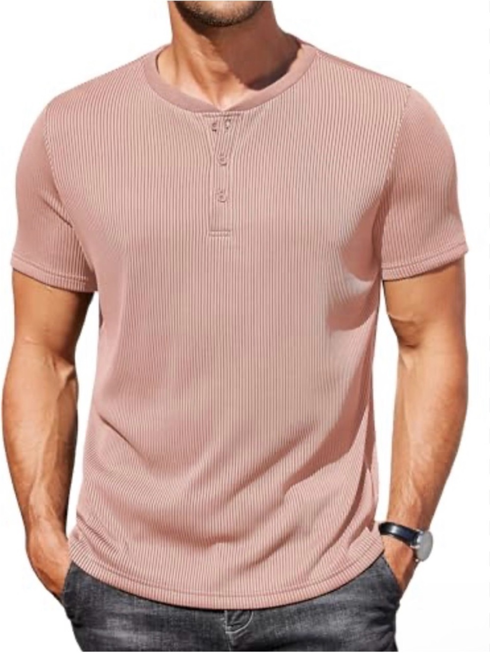 Ribbed Short-Sleeve Henley in Dusty Pink